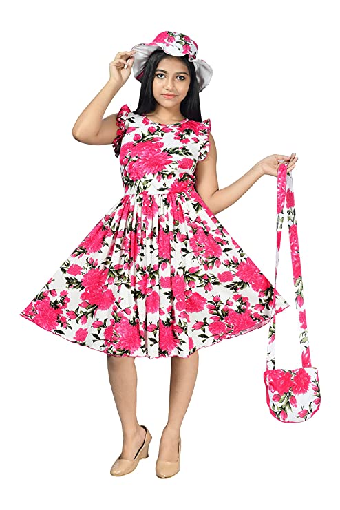 A.R.K. DRESSES Girl's A-Line Floral Knee Length Short Frock Dress with Cap, Mask and Purse